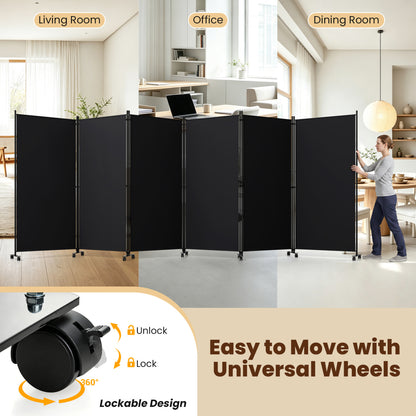 6 Panel Folding Privacy Screen Divider With Wheels, Black