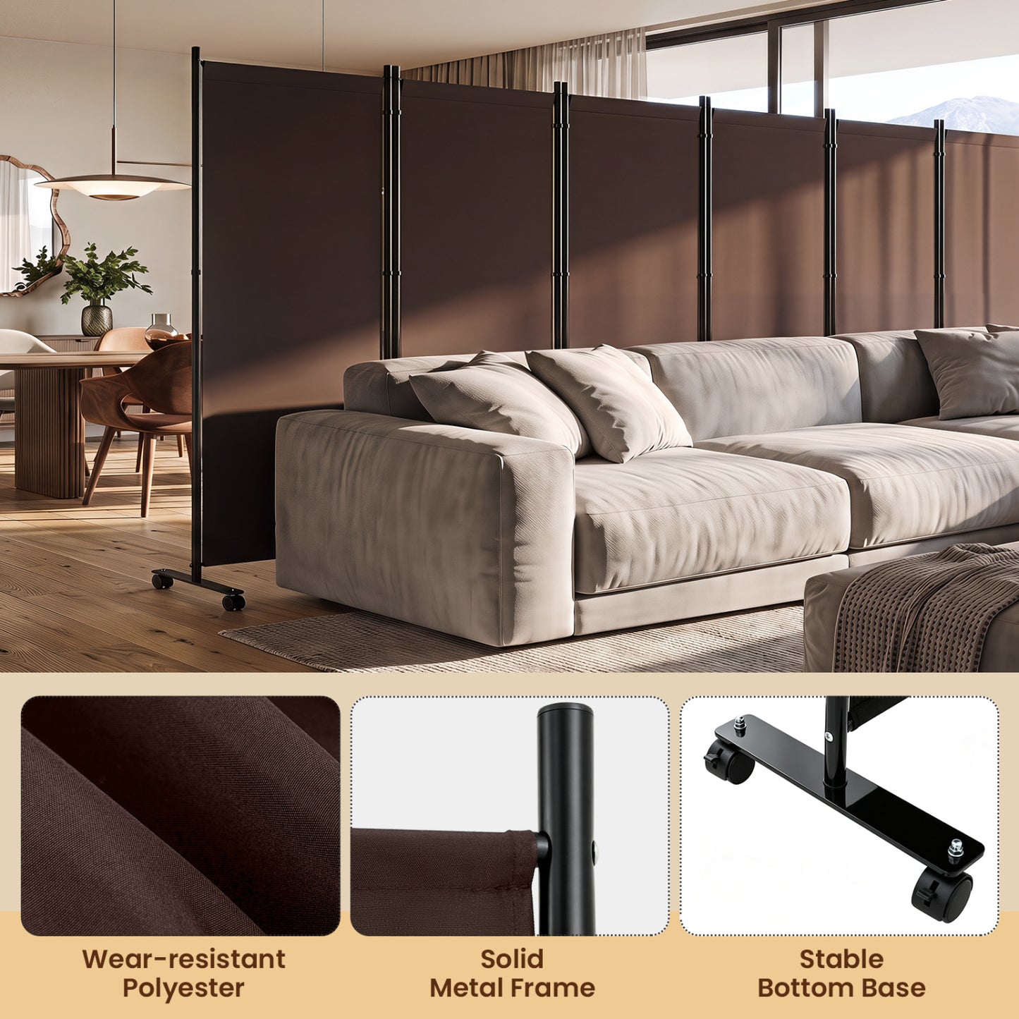6 Panel Folding Privacy Screen Divider, Coffee