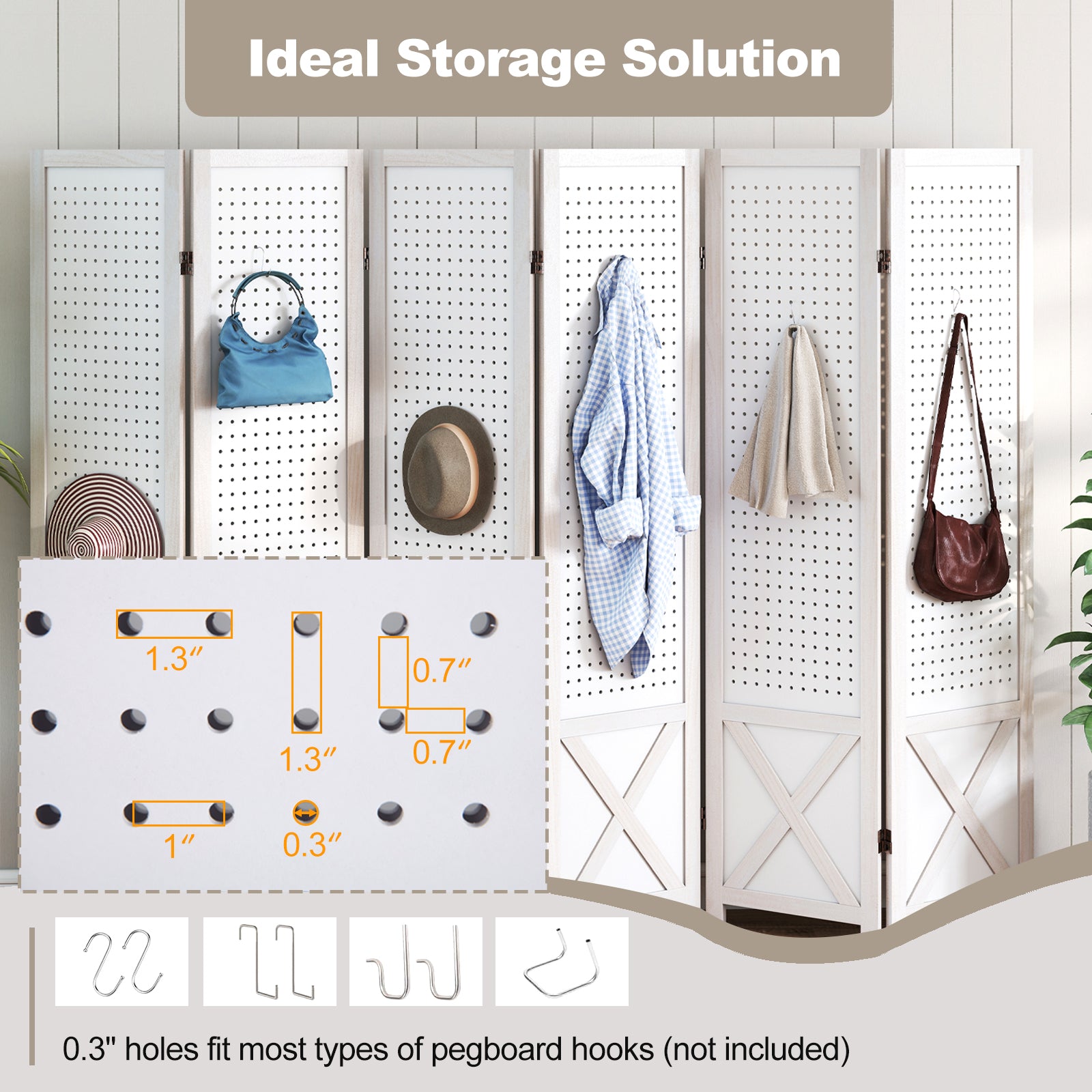 6-Panel Pegboard Room Divider, 67 Inches Tall, Foldable Privacy Screen Room Dividers at Gallery Canada