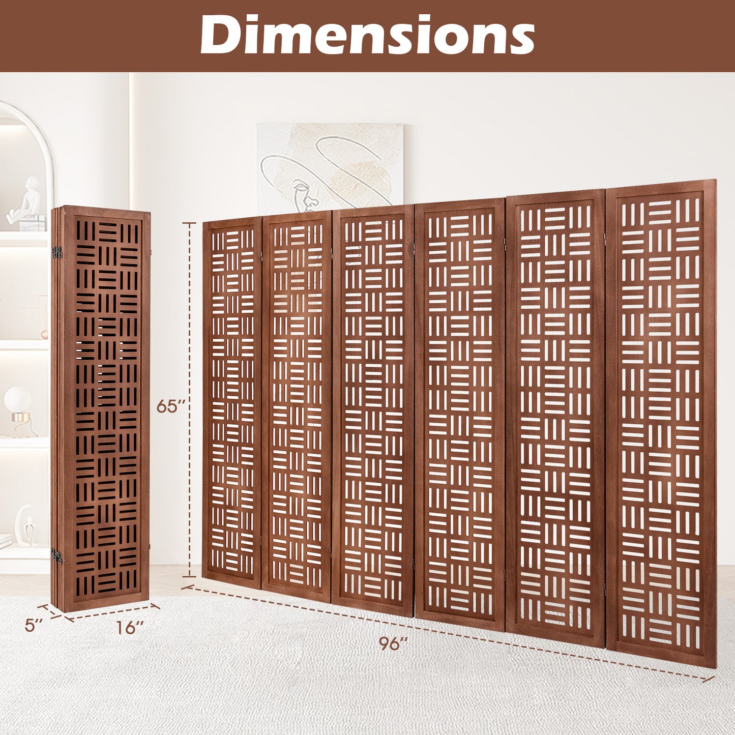6-Panel Solid Wood Room Divider Folding Partition Stand, Walnut Room Dividers at Gallery Canada