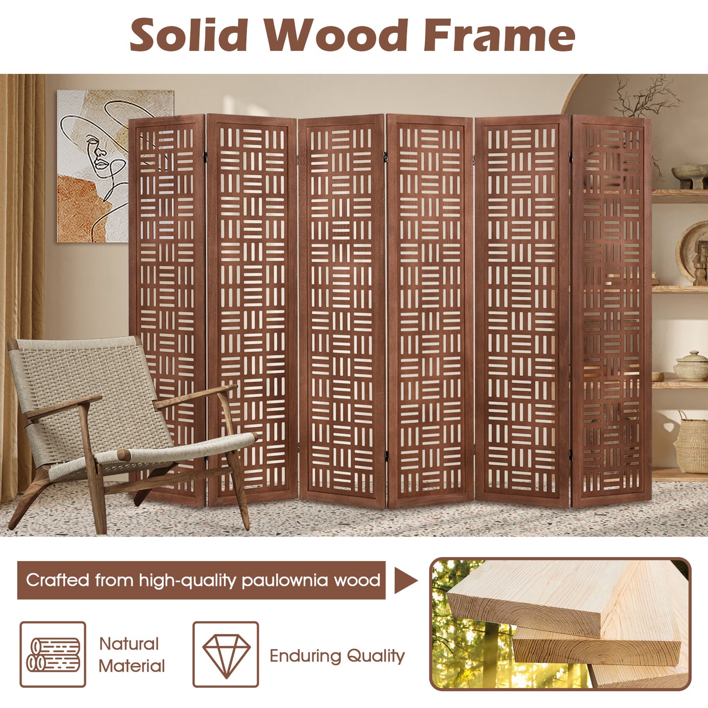 6-Panel Solid Wood Room Divider Folding Partition Stand, Walnut Room Dividers at Gallery Canada