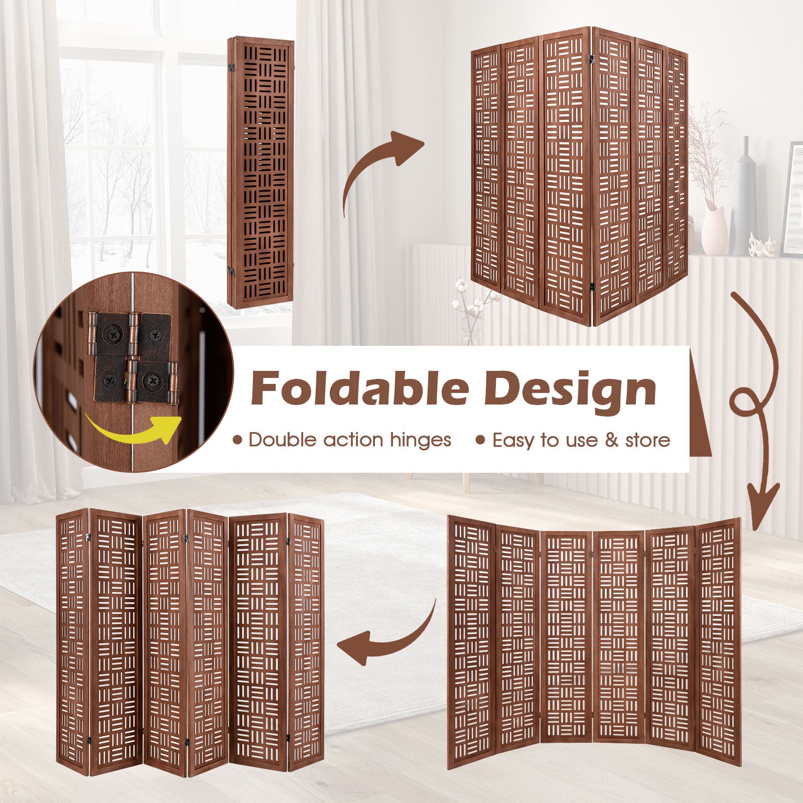6-Panel Solid Wood Room Divider Folding Partition Stand, Walnut Room Dividers at Gallery Canada