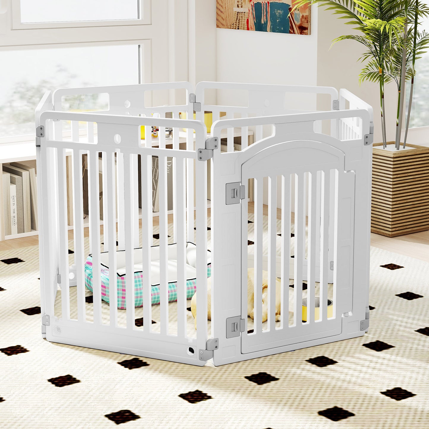 6-Panel Tall Dog Playpen Foldable Pet Fence with Locking Door, White Pet Gate at Gallery Canada