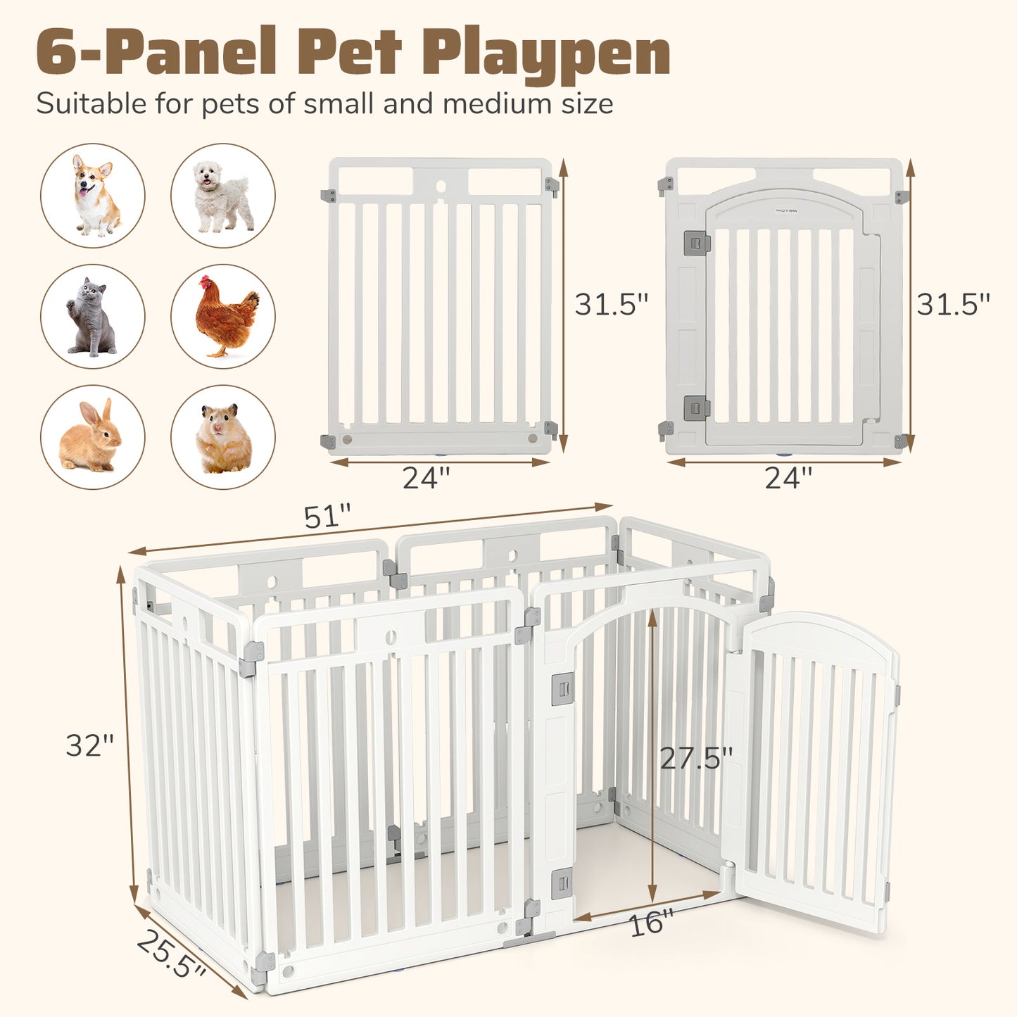 6-Panel Tall Dog Playpen Foldable Pet Fence with Locking Door, White Pet Gate at Gallery Canada