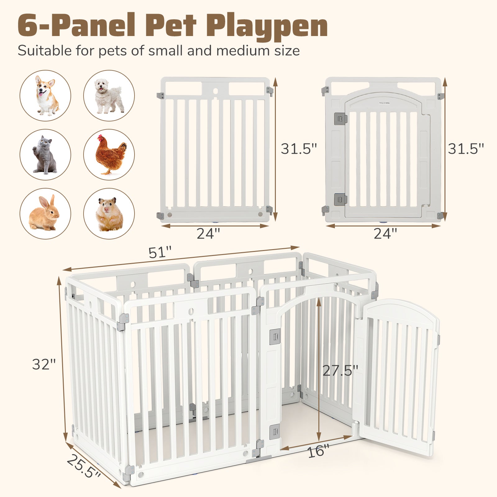 6-Panel Tall Dog Playpen Foldable Pet Fence with Locking Door, White Pet Gate at Gallery Canada