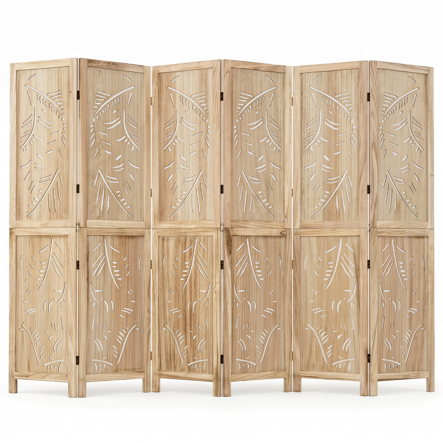 6-Panel Wooden Room Divider, Palm Leaf Design, Paulownia Frame
