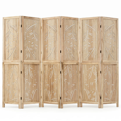 6-Panel Wooden Room Divider, Palm Leaf Design, Paulownia Frame