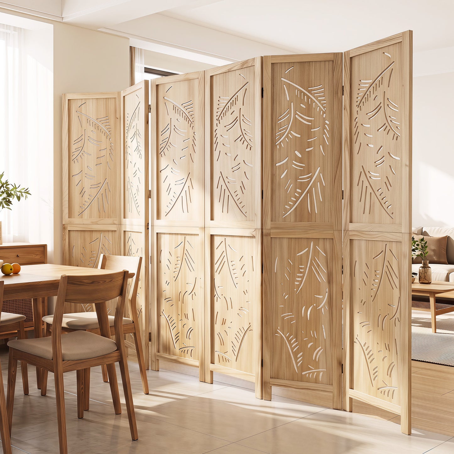 6-Panel Wooden Room Divider, Palm Leaf Design, Paulownia Frame