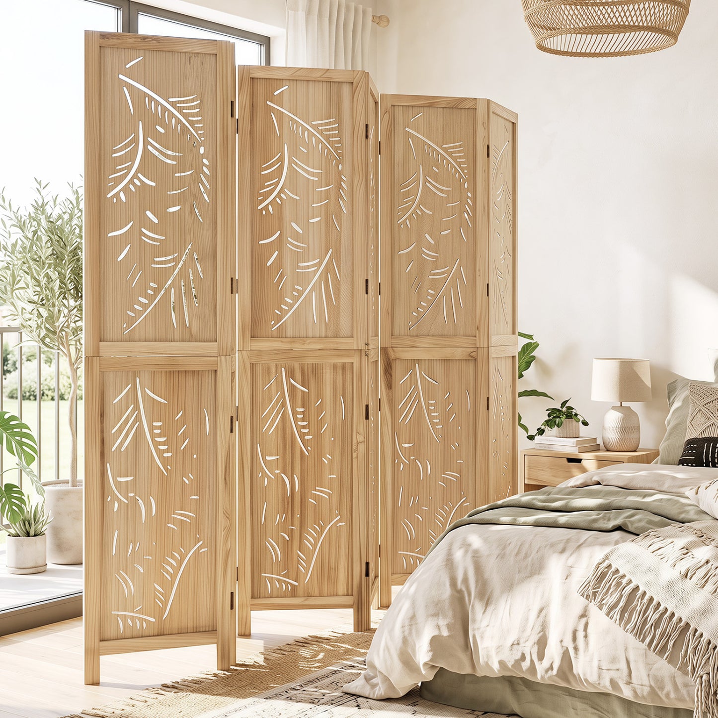 6-Panel Wooden Room Divider, Palm Leaf Design, Paulownia Frame