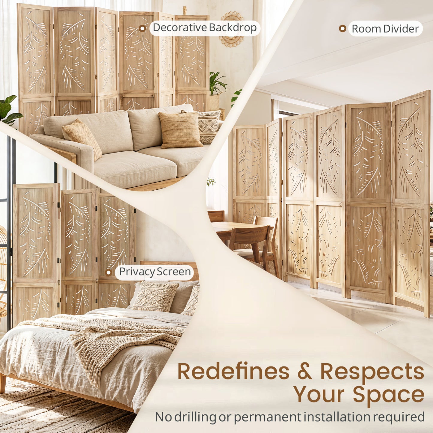 6-Panel Wooden Room Divider, Palm Leaf Design, Paulownia Frame