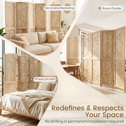 6-Panel Wooden Room Divider, Palm Leaf Design, Paulownia Frame