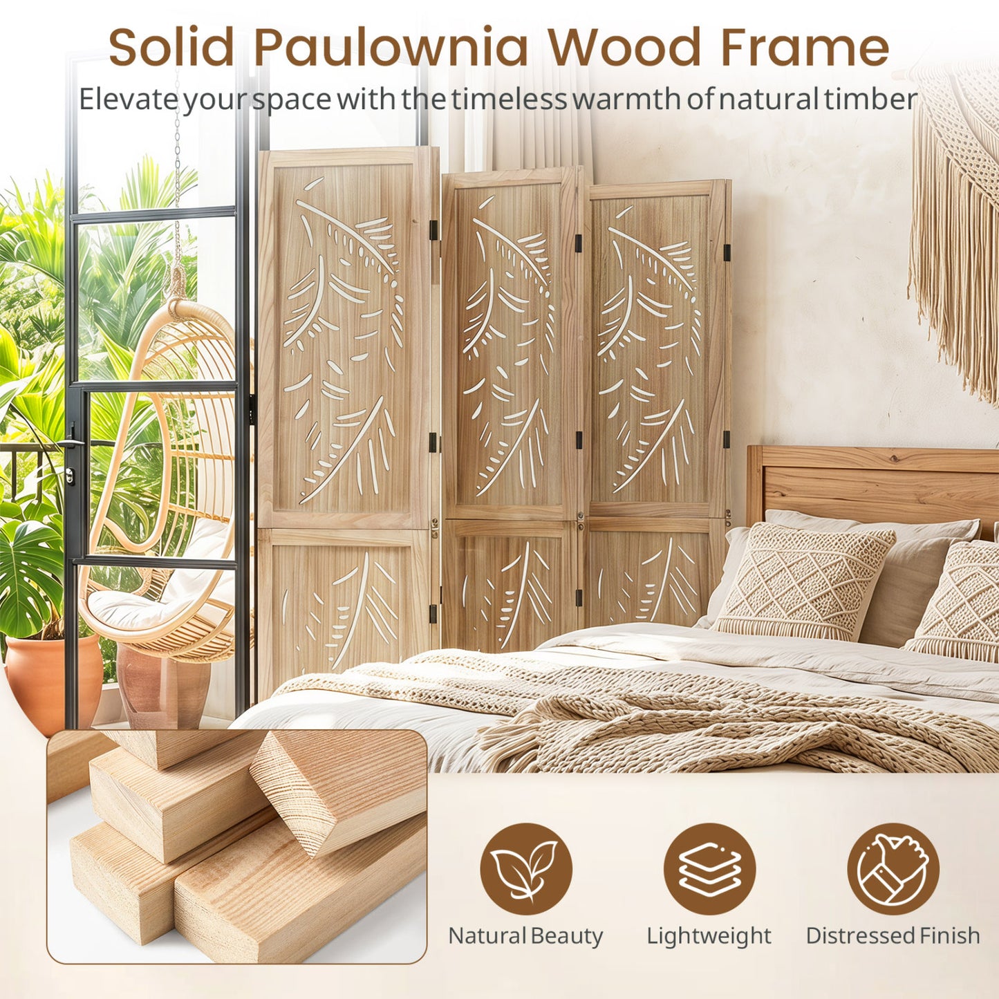 6-Panel Wooden Room Divider, Palm Leaf Design, Paulownia Frame