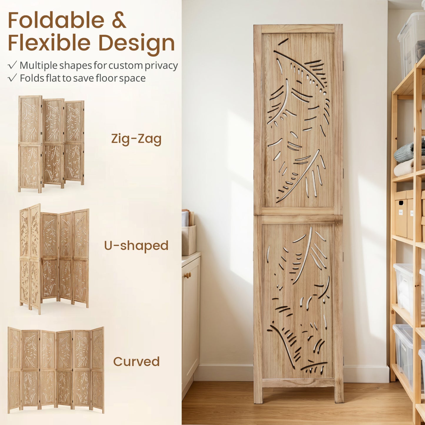 6-Panel Wooden Room Divider, Palm Leaf Design, Paulownia Frame