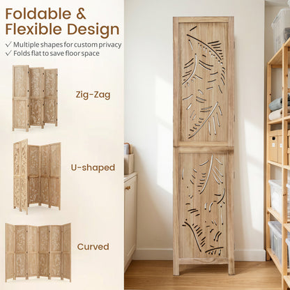 6-Panel Wooden Room Divider, Palm Leaf Design, Paulownia Frame