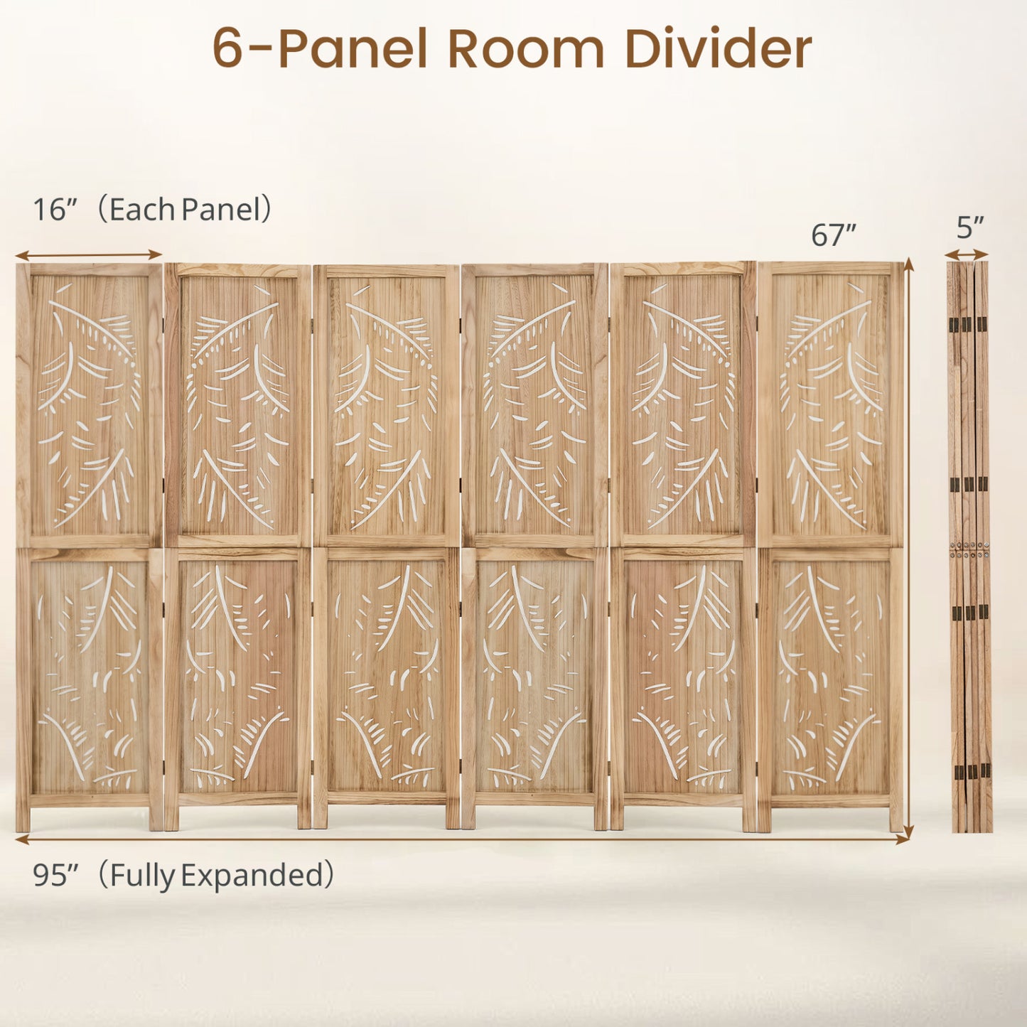 6-Panel Wooden Room Divider, Palm Leaf Design, Paulownia Frame
