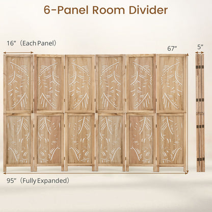 6-Panel Wooden Room Divider, Palm Leaf Design, Paulownia Frame