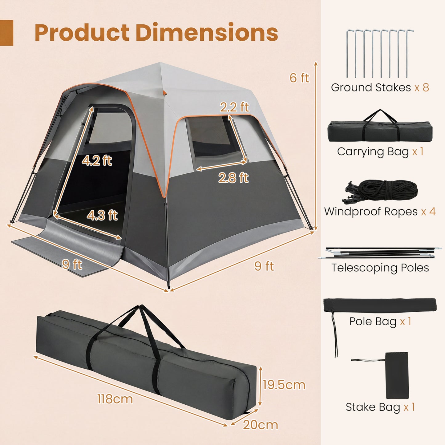 6-Person Blackout Instant Cabin Tent with Rainfly, Gray