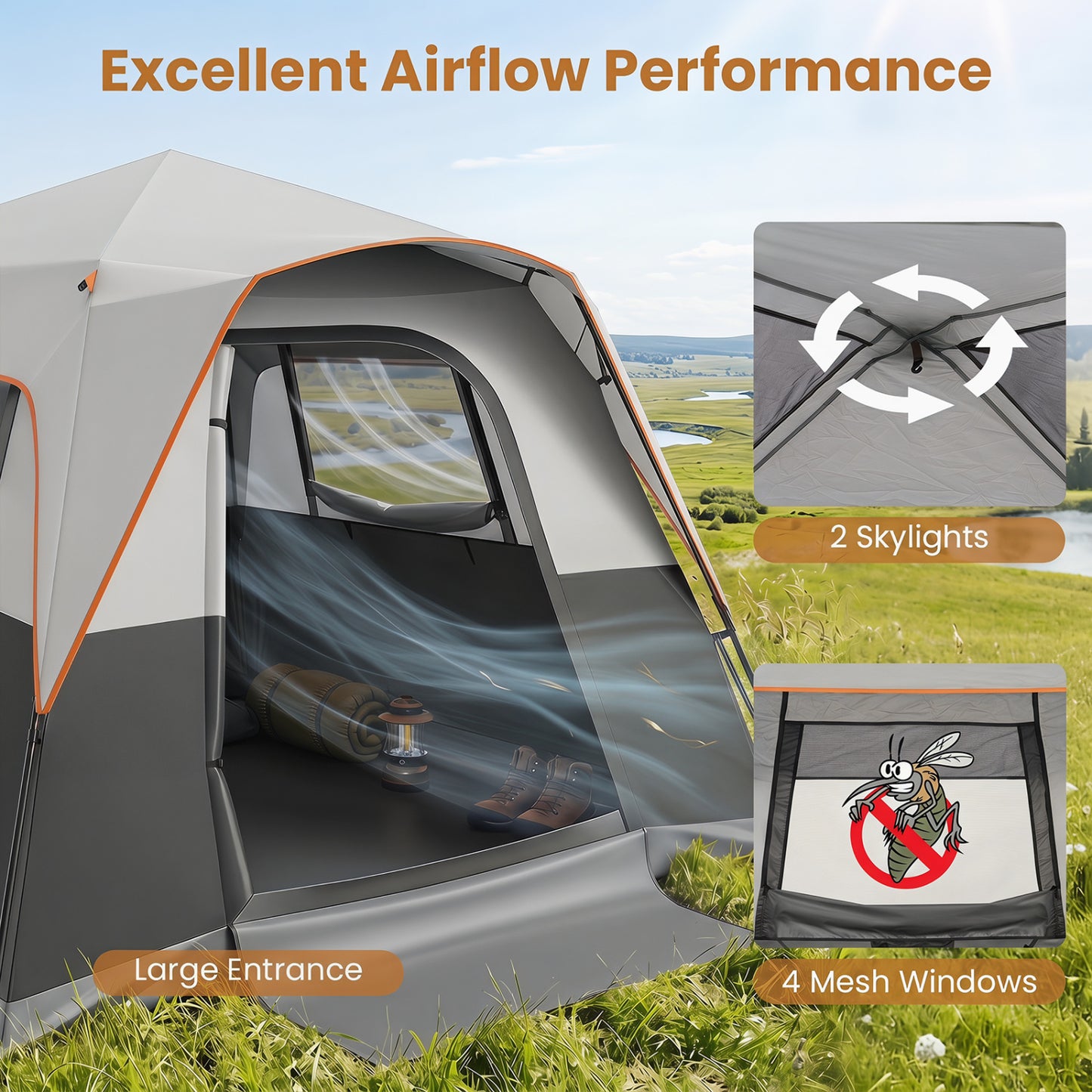 6-Person Blackout Instant Cabin Tent with Rainfly, Gray