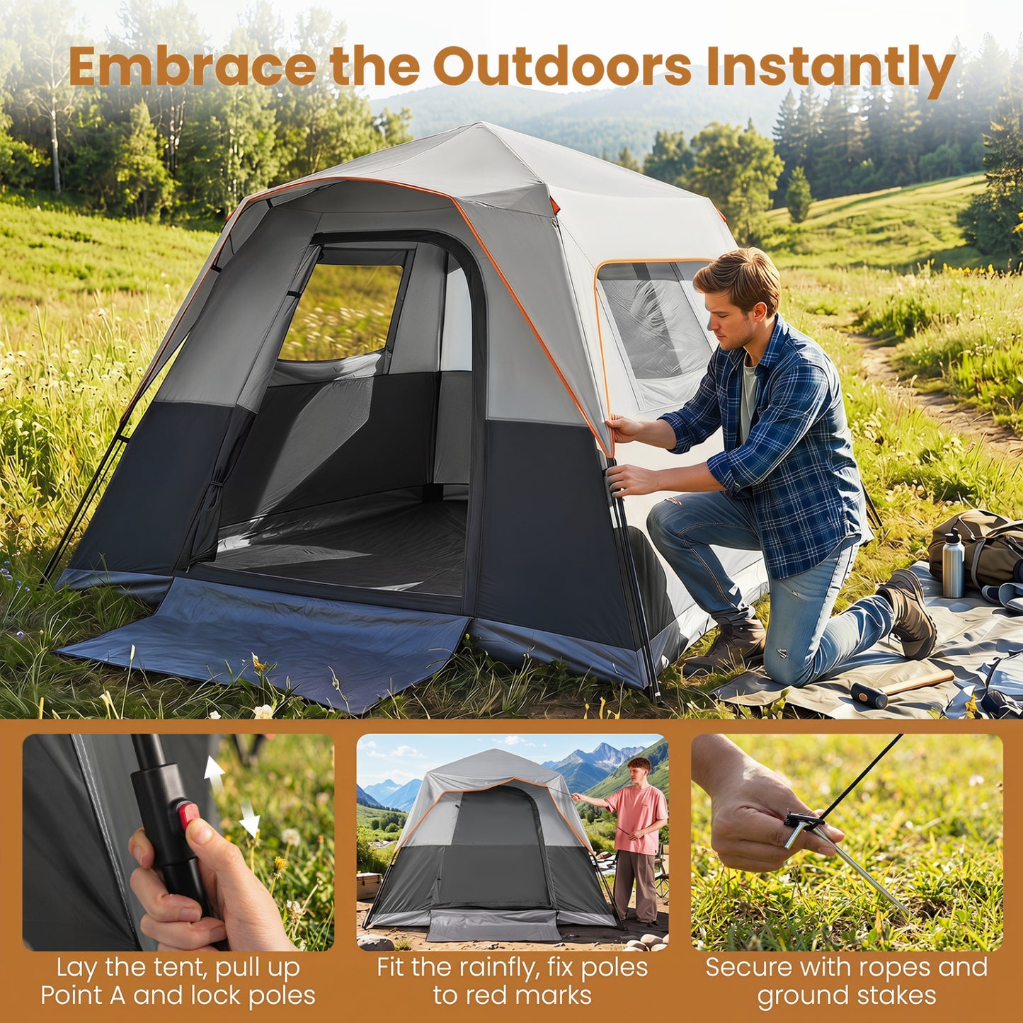 6-Person Blackout Instant Cabin Tent with Rainfly, Gray