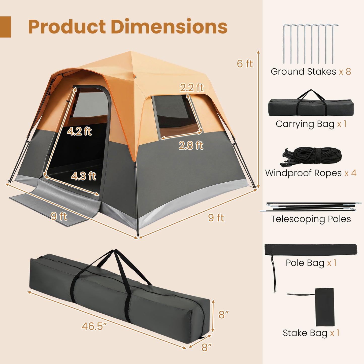 6-Person Blackout Instant Cabin Tent, Orange