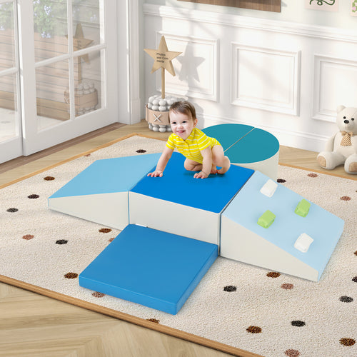 6-Piece Soft Play Set for Toddlers with Climbing Triangle and Ramp, Blue
