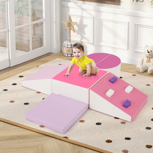 6-Piece Soft Play Set for Toddlers with Climbing Triangle and Ramp, Pink