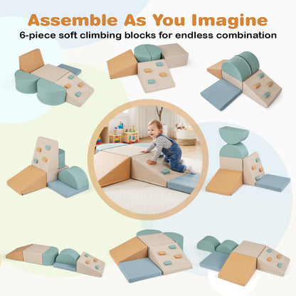 6-Piece Soft Play Set for Toddlers, Climbing Triangle, Ramp, Gray Green