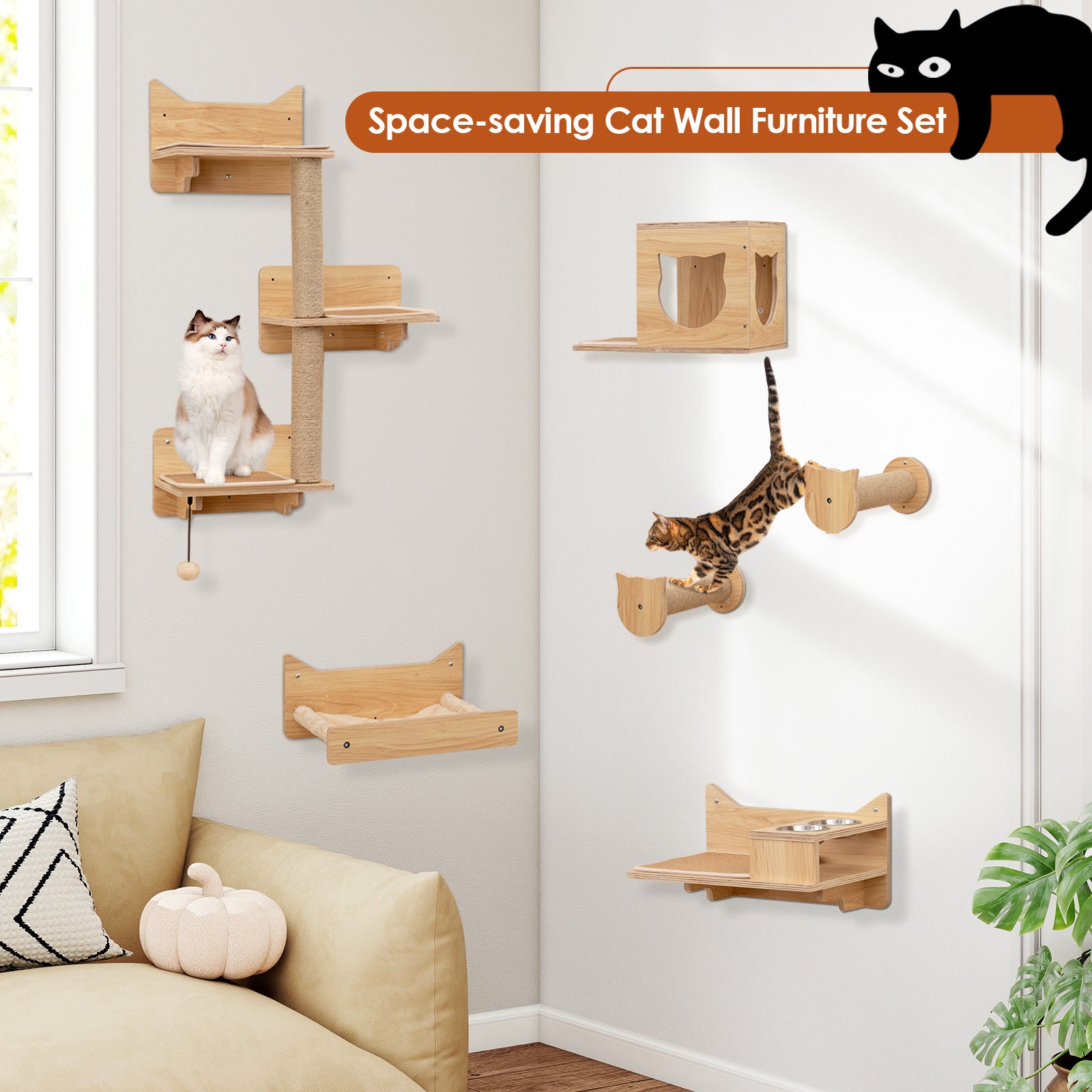 6-Piece Cat Wall Furniture Set, Shelves, Natural Cat Trees Condos & Scratchers at Gallery Canada