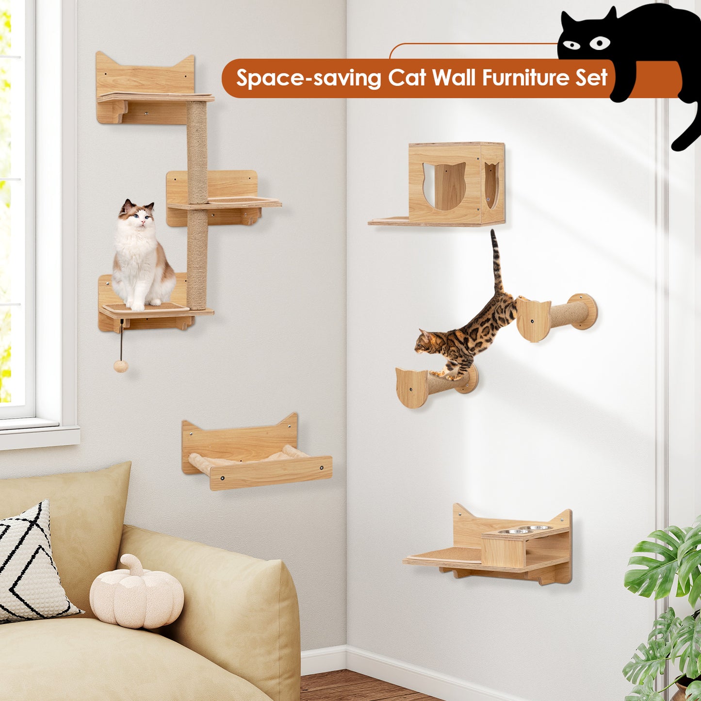 6-Piece Cat Wall Furniture Set, Shelves, Natural Cat Trees Condos & Scratchers at Gallery Canada