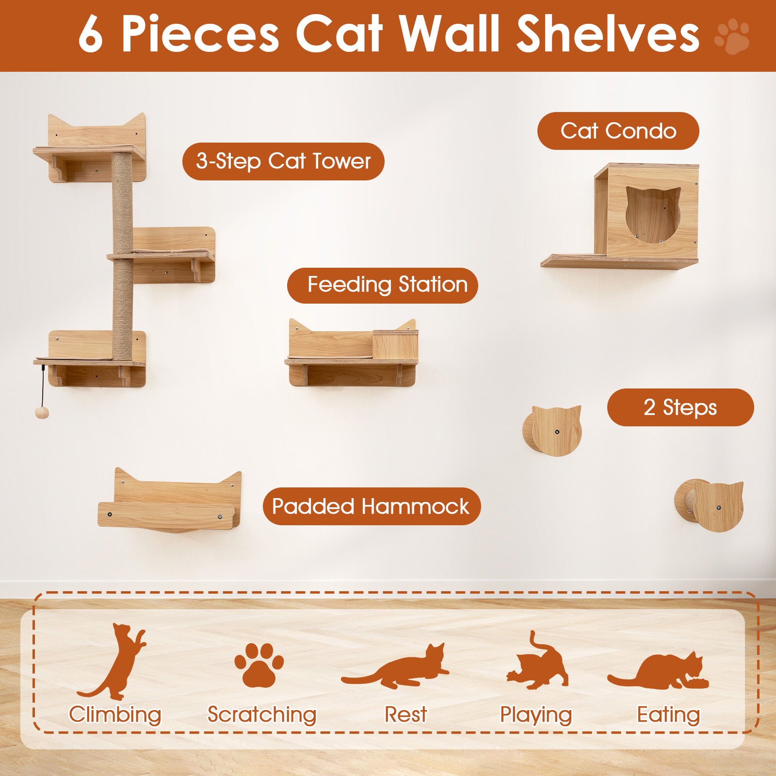 6-Piece Cat Wall Furniture Set, Shelves, Natural Cat Trees Condos & Scratchers at Gallery Canada