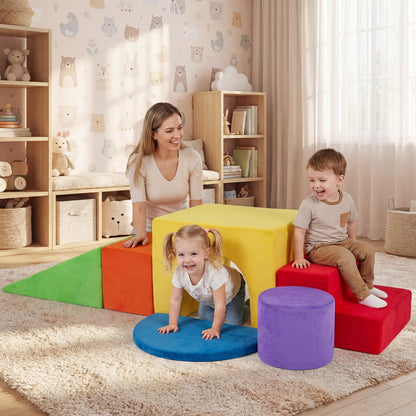 6 Pieces Foam Climbing Blocks for Kids with Slide and Tunnel, Red