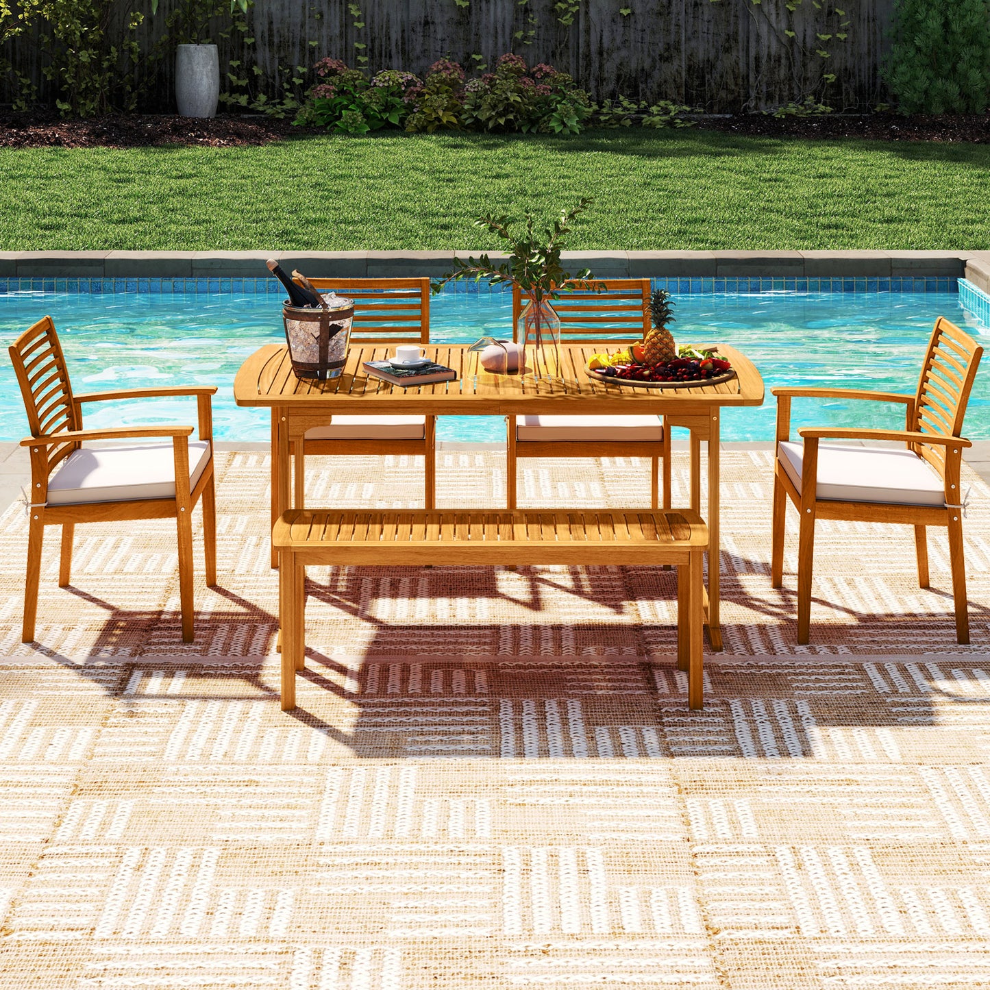 6 Pieces Outdoor Acacia Wood Dining Set with Umbrella Hole, Natural Patio Dining Sets at Gallery Canada