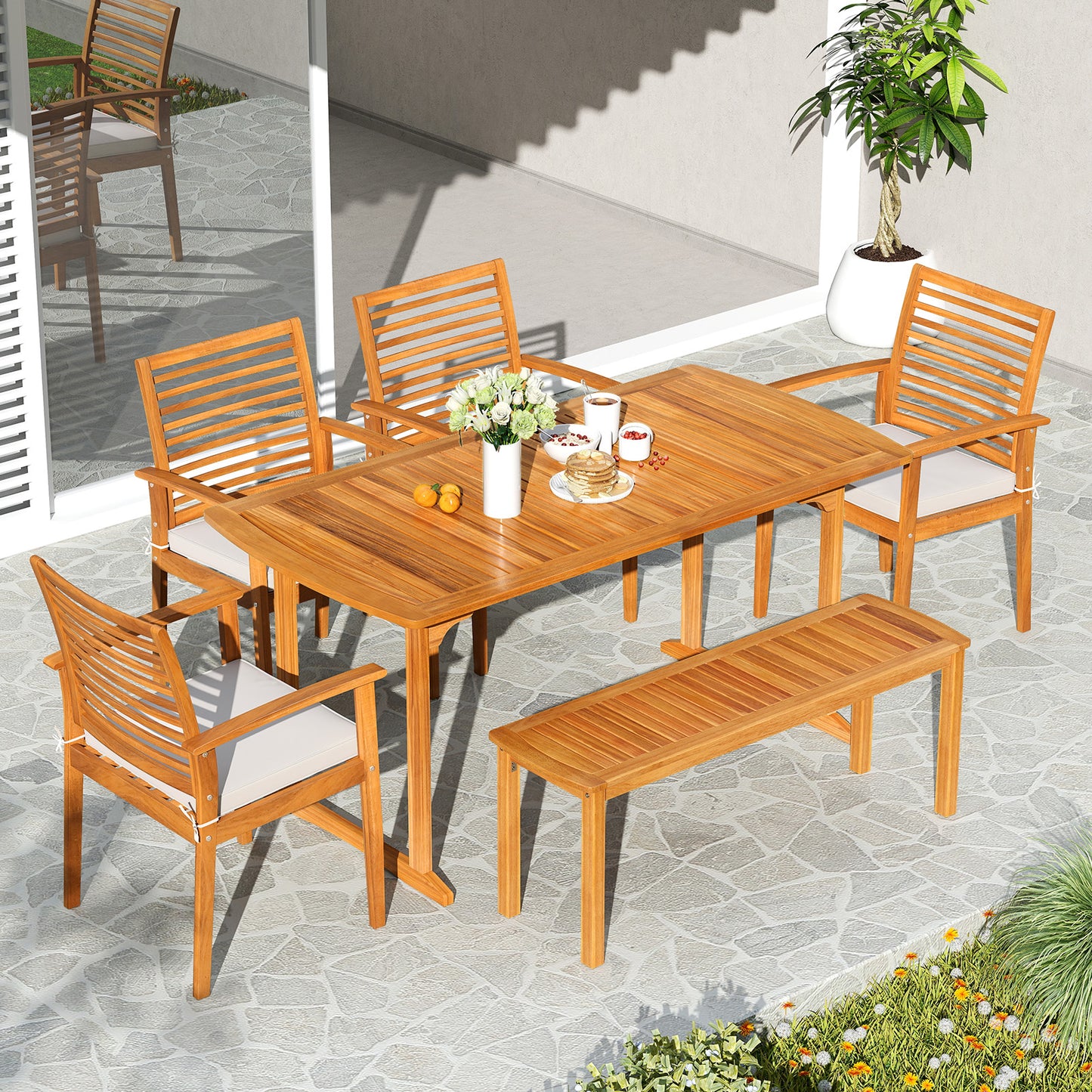 6 Pieces Outdoor Acacia Wood Dining Set with Umbrella Hole, Natural Patio Dining Sets at Gallery Canada