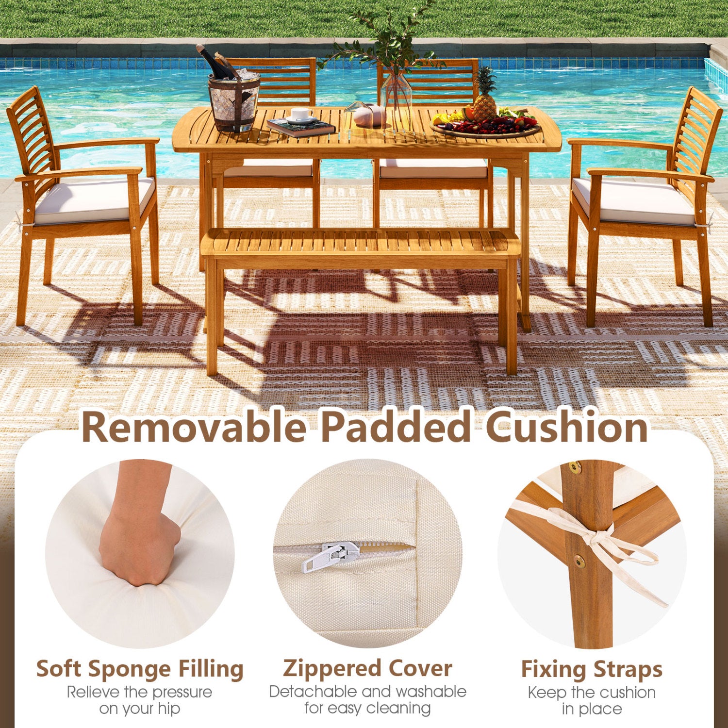 6 Piece Acacia Wood Outdoor Dining Set, Natural Patio Dining Sets at Gallery Canada