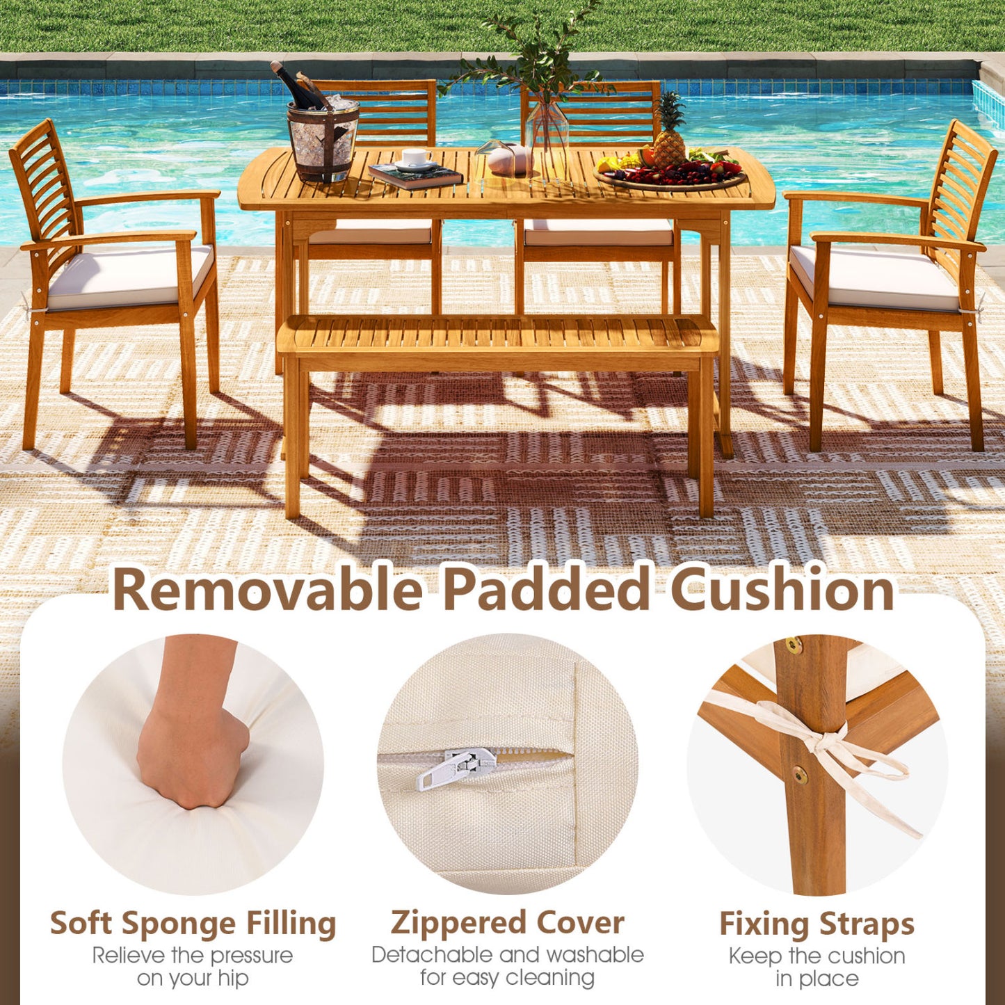 6 Piece Acacia Wood Outdoor Dining Set, Natural Patio Dining Sets at Gallery Canada