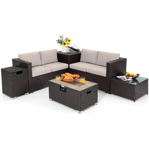 6 Piece Outdoor Wicker Furniture Set, 32 Inch Propane Fire Pit Table, Beige