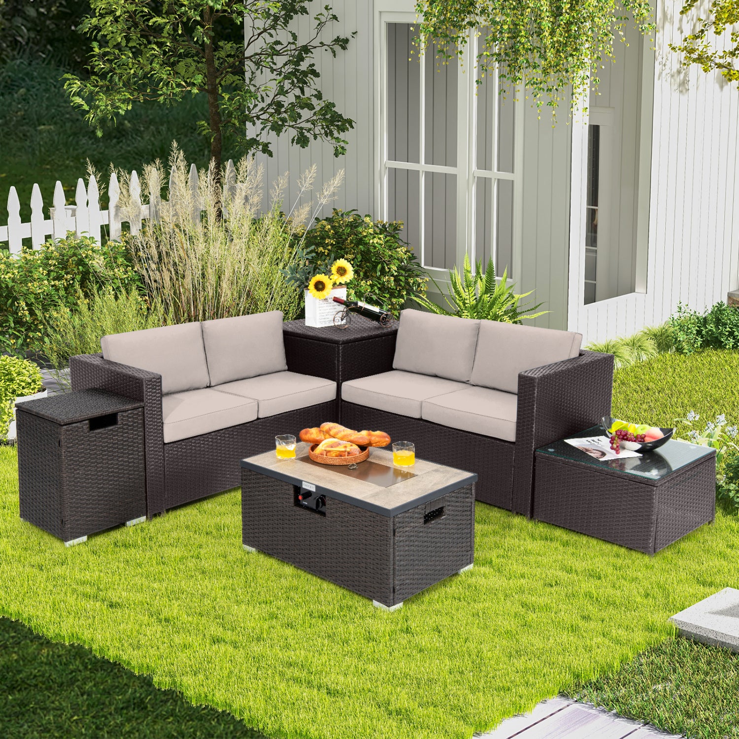 6 Piece Outdoor Wicker Furniture Set, 32 Inch Propane Fire Pit Table, Beige Patio Conversation Sets at Gallery Canada