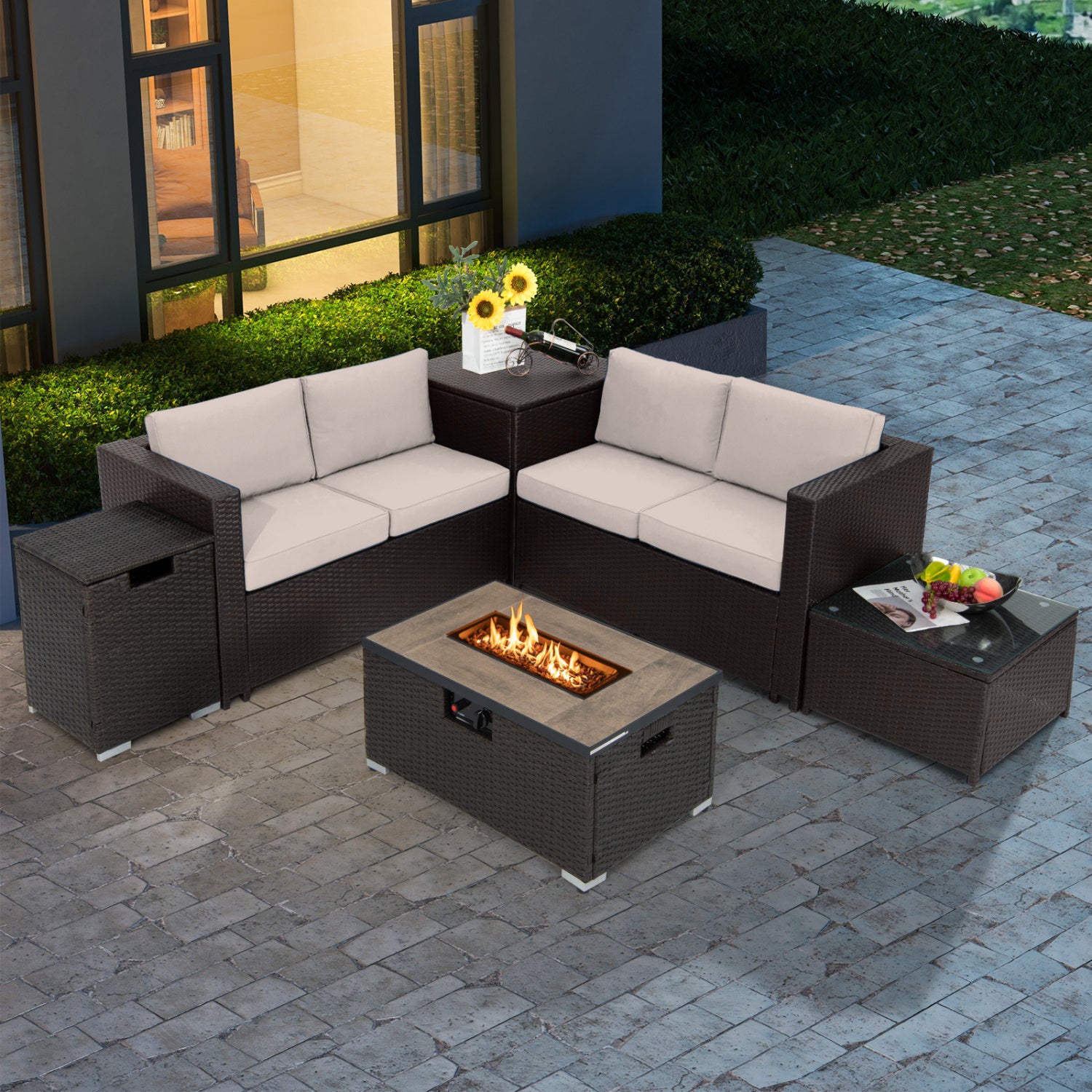 6 Piece Outdoor Wicker Furniture Set, 32 Inch Propane Fire Pit Table, Beige Patio Conversation Sets at Gallery Canada