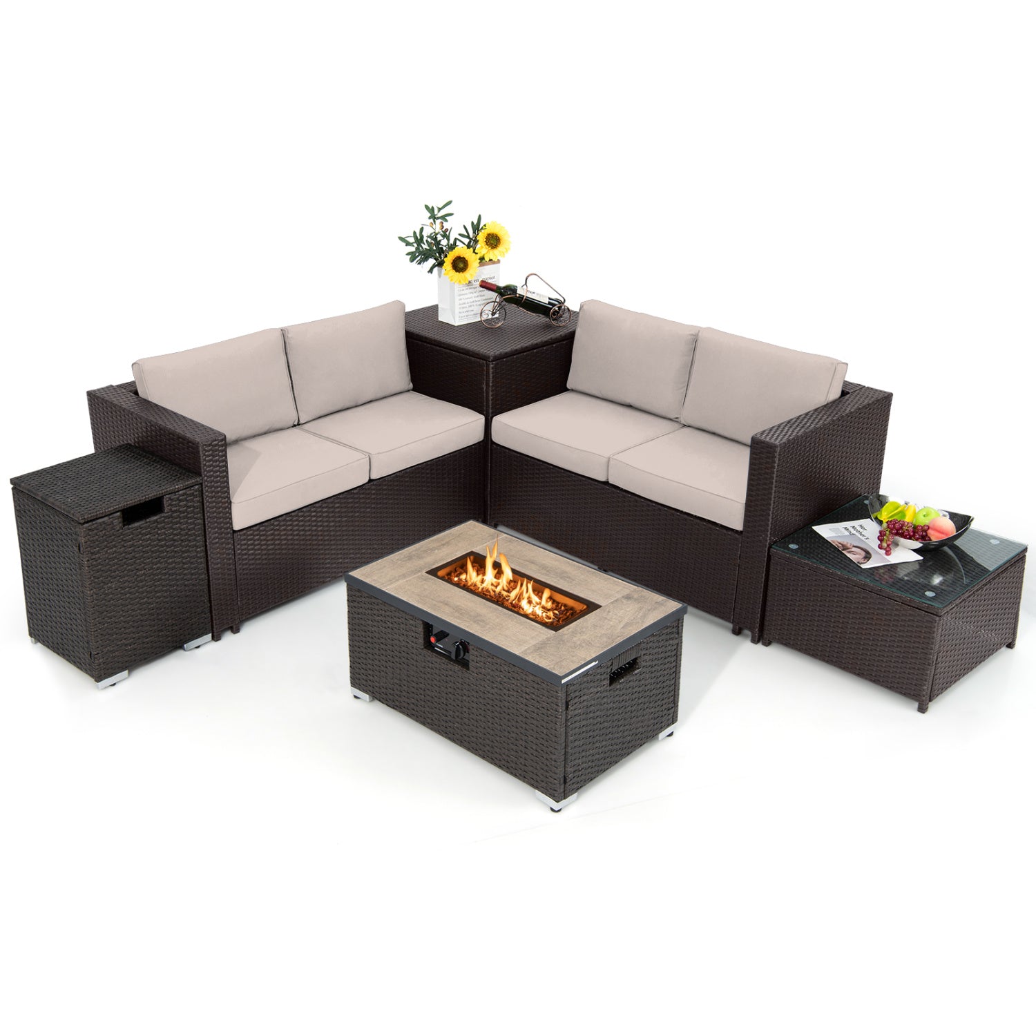 6 Piece Outdoor Wicker Furniture Set, 32 Inch Propane Fire Pit Table, Beige Patio Conversation Sets at Gallery Canada