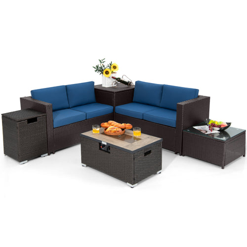 6 Piece Outdoor Wicker Furniture Set, 32 Inch Propane Fire Pit Table, Navy