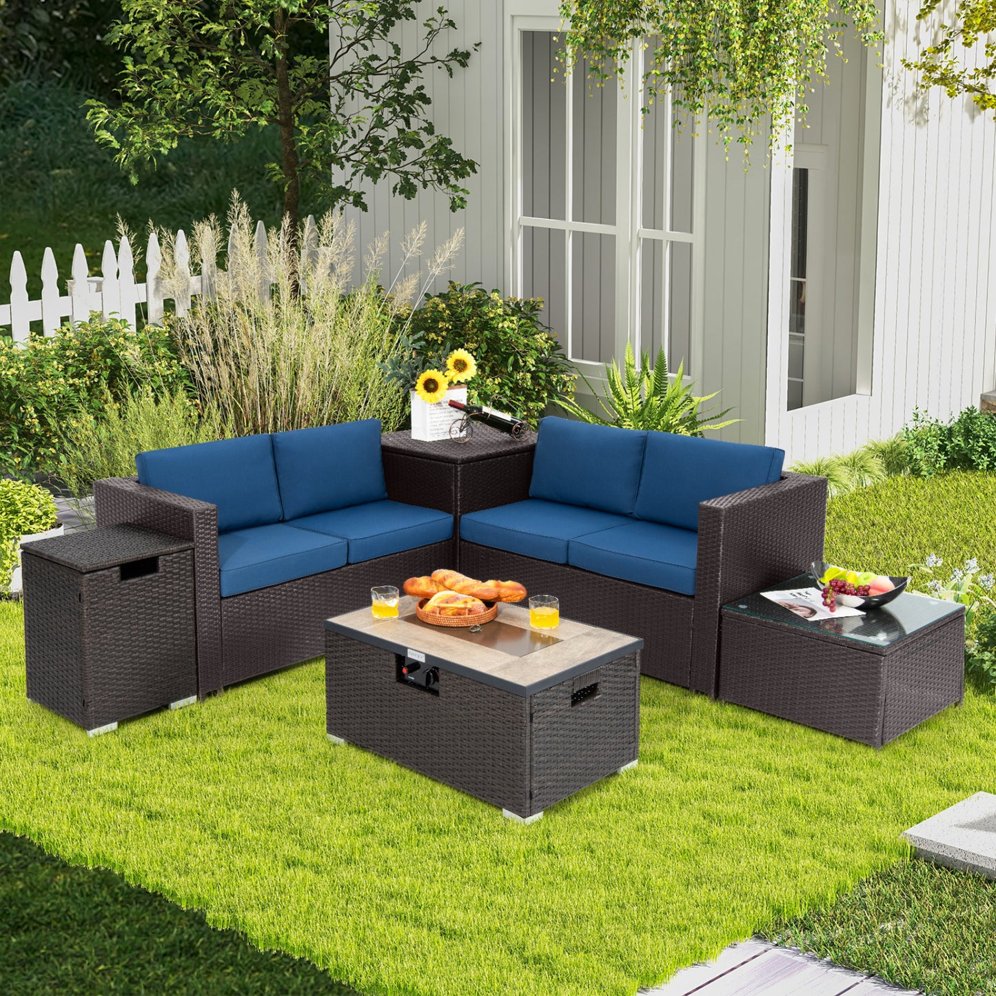 6 Piece Outdoor Wicker Furniture Set, 32 Inch Propane Fire Pit Table, Navy Patio Conversation Sets at Gallery Canada