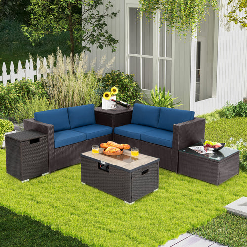 6 Piece Outdoor Wicker Furniture Set, 32 Inch Propane Fire Pit Table, Navy