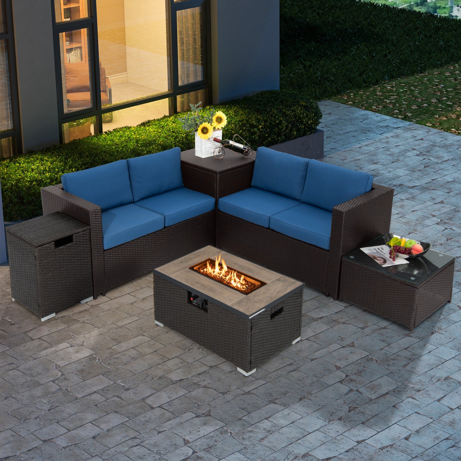 6 Piece Outdoor Wicker Furniture Set, 32 Inch Propane Fire Pit Table, Navy Patio Conversation Sets at Gallery Canada