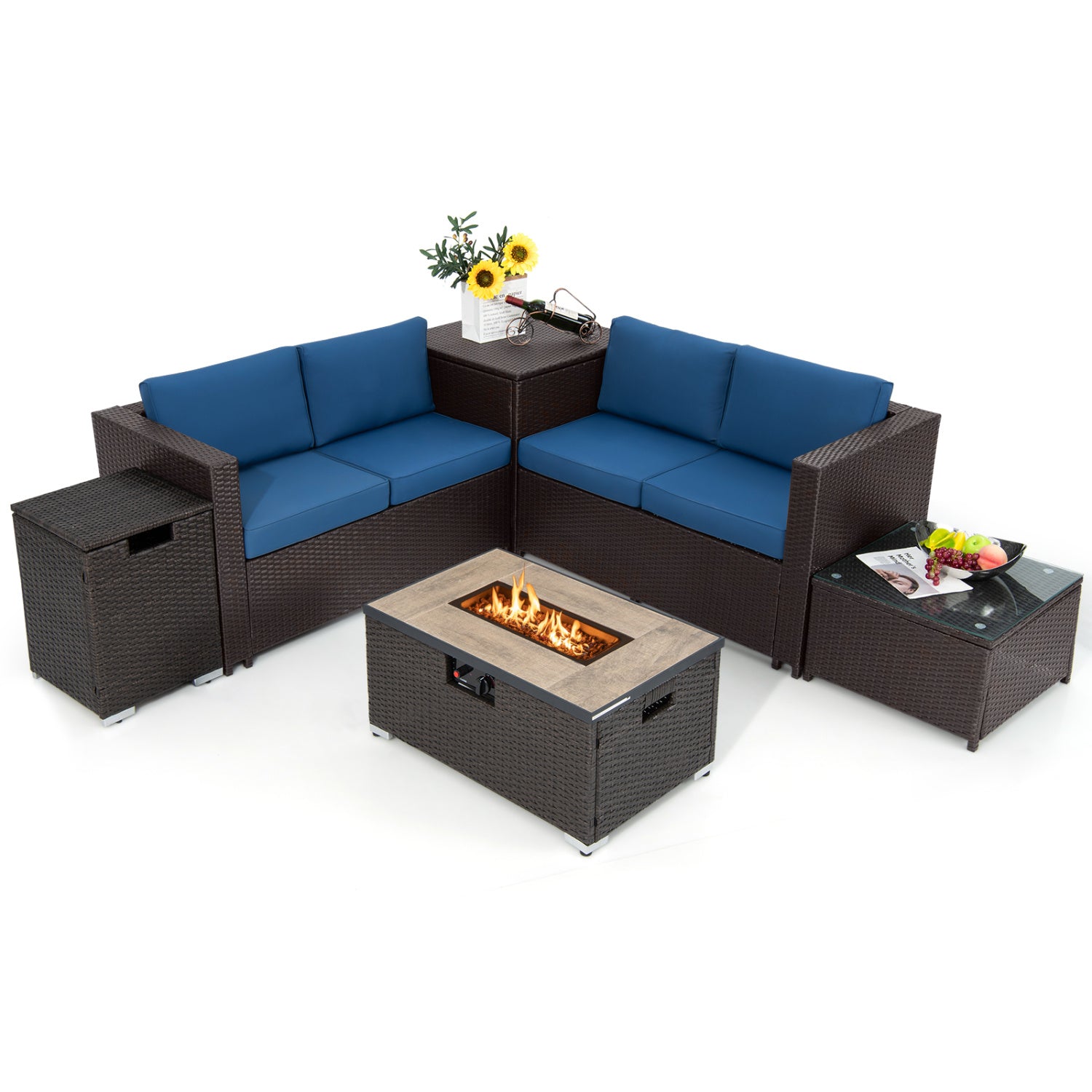 6 Piece Outdoor Wicker Furniture Set, 32 Inch Propane Fire Pit Table, Navy Patio Conversation Sets at Gallery Canada