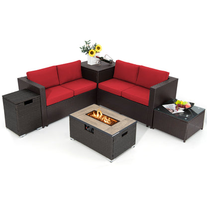 6 Piece Outdoor Wicker Furniture Set, 32 Inch Propane Fire Pit Table, Red Patio Conversation Sets at Gallery Canada