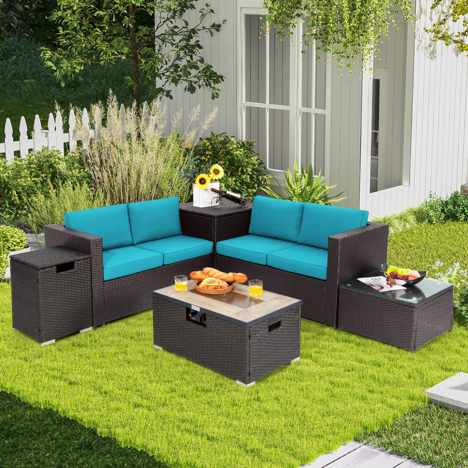 6 Piece Outdoor Wicker Furniture Set, 32 Inch Propane Fire Pit Table, Turquoise Patio Conversation Sets at Gallery Canada