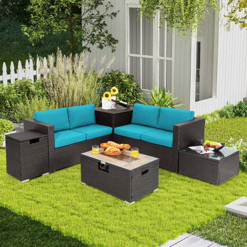 6 Piece Outdoor Wicker Furniture Set, 32 Inch Propane Fire Pit Table, Turquoise