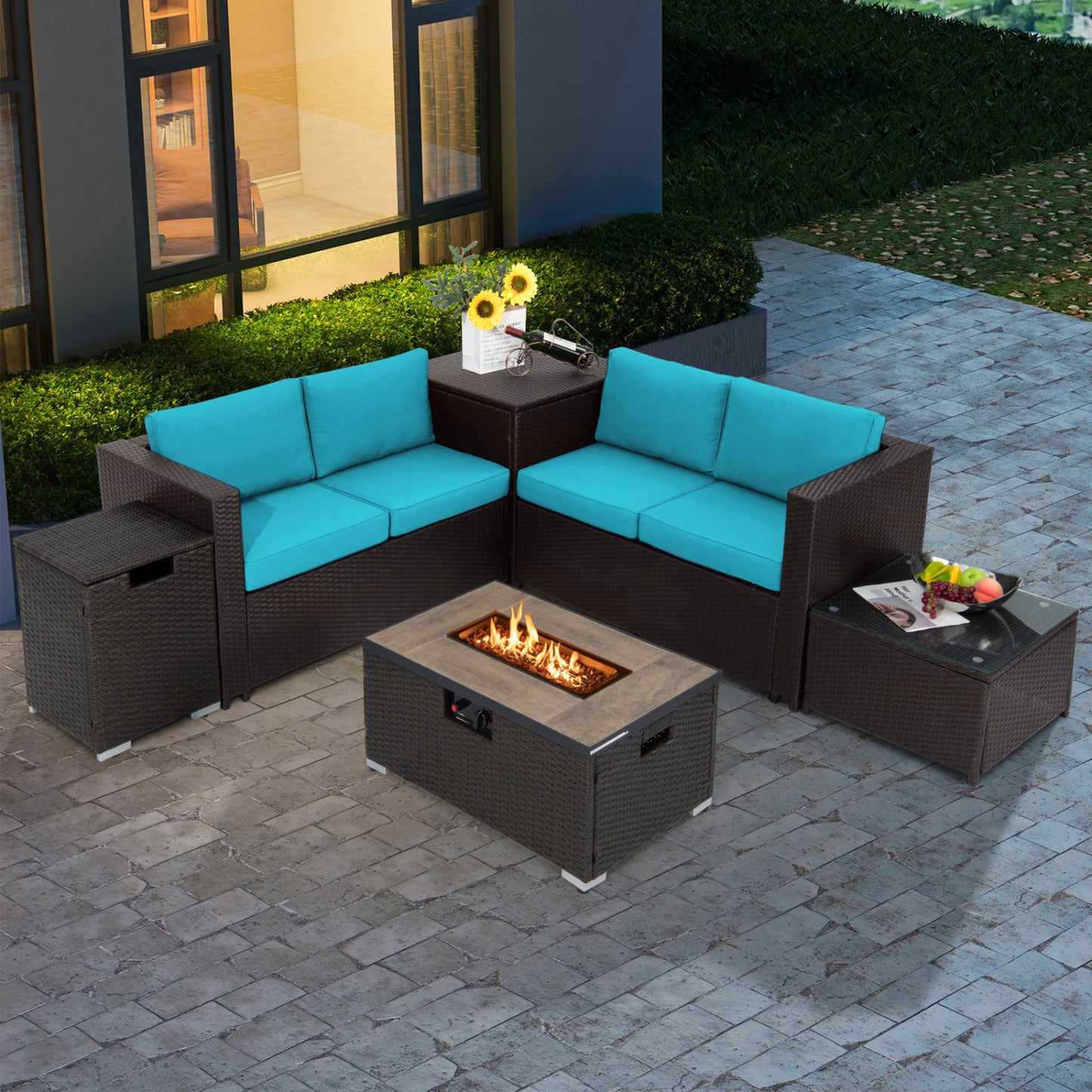 6 Piece Outdoor Wicker Furniture Set, 32 Inch Propane Fire Pit Table, Turquoise Patio Conversation Sets at Gallery Canada