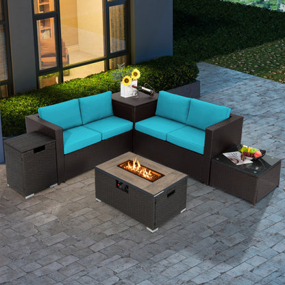 6 Piece Outdoor Wicker Furniture Set, 32 Inch Propane Fire Pit Table, Turquoise Patio Conversation Sets at Gallery Canada