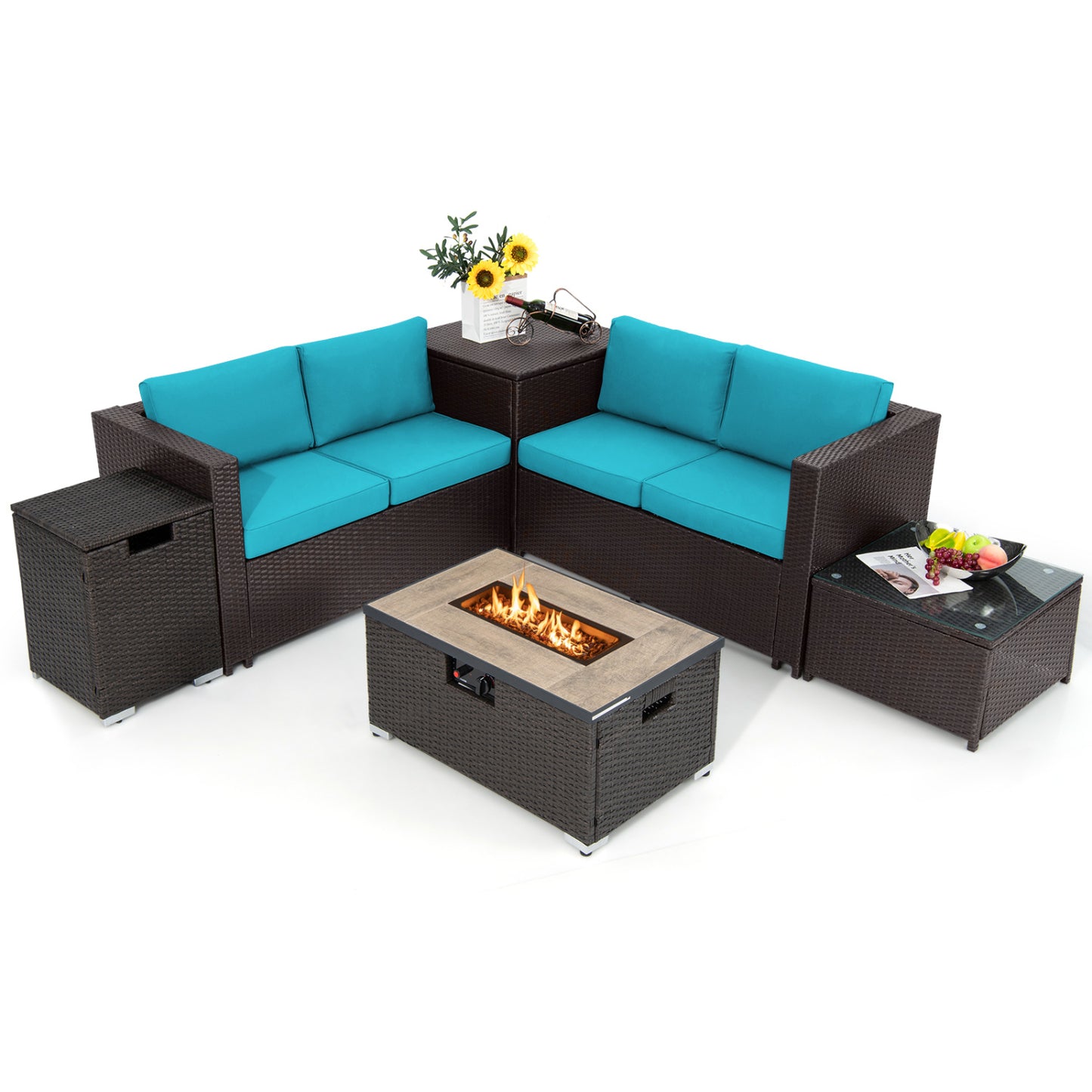 6 Piece Outdoor Wicker Furniture Set, 32 Inch Propane Fire Pit Table, Turquoise Patio Conversation Sets at Gallery Canada